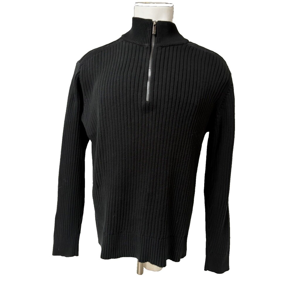CALVIN KLEIN JEANS Mens Black Mock Neck 1/4 Zip Ribbed Bulky Knit Sweater Sz XL
